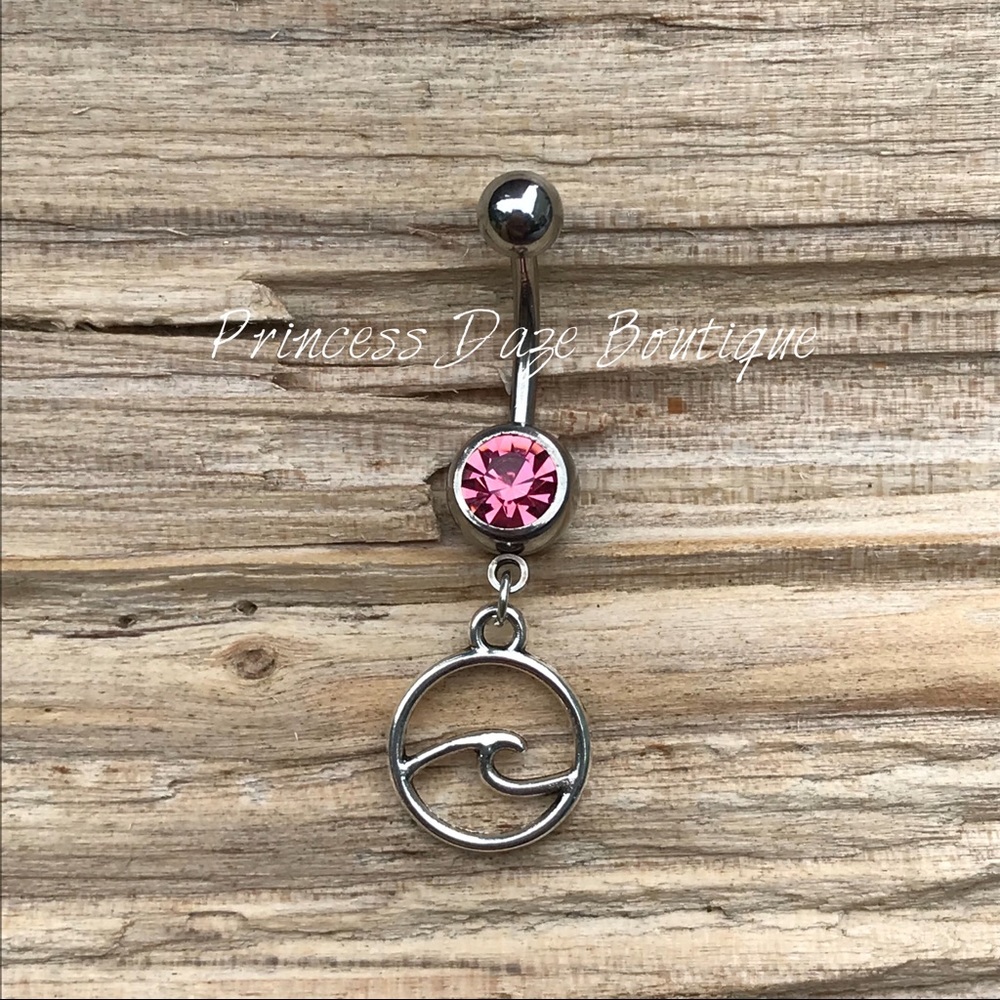 Silver Pink Gem Wave Belly Button Ring